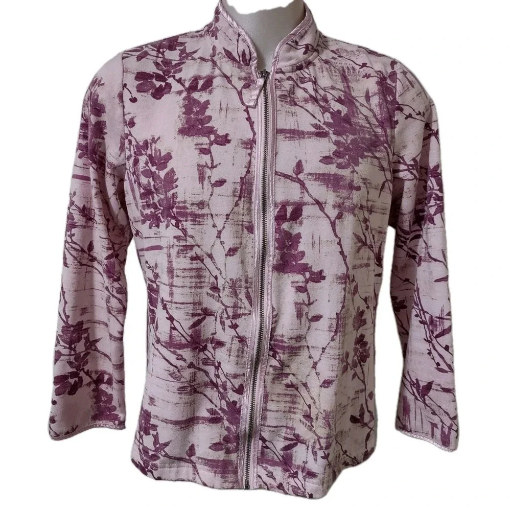 Sag Harbor Floral Sweat Jacket Women's Size X- Large Long Sleeve Full Zip Pink